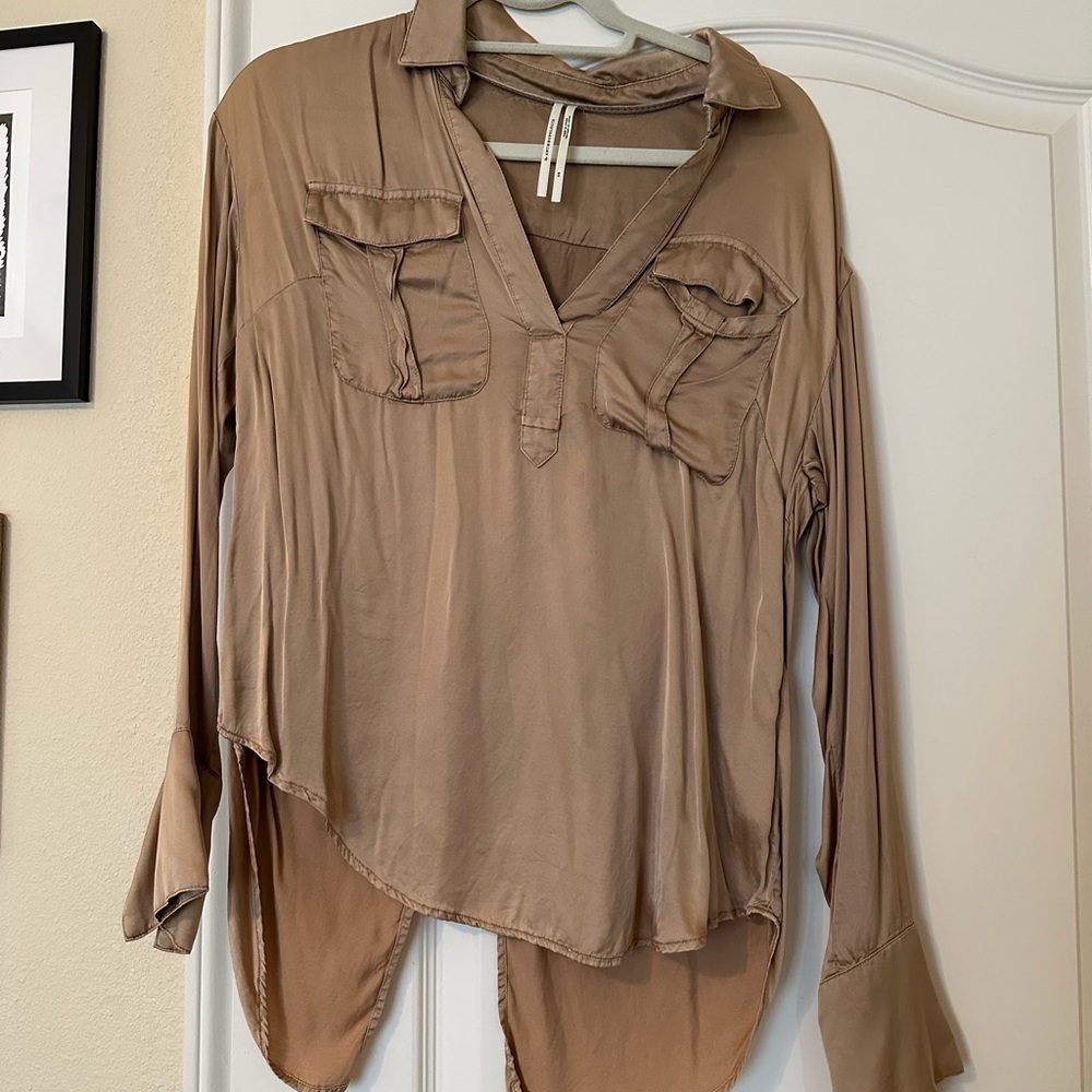 Anthropologie Tan Asymmetrical Long Sleeve Polo Blouse